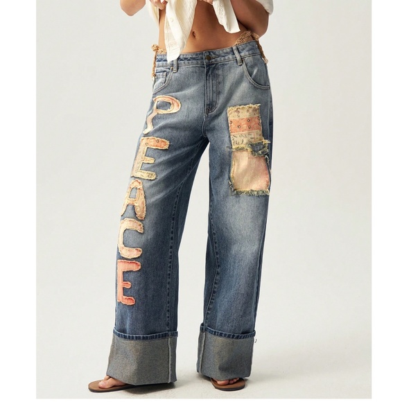 Boho Medium Wash Peace Floral Print Patch Denim Straight Leg Jeans